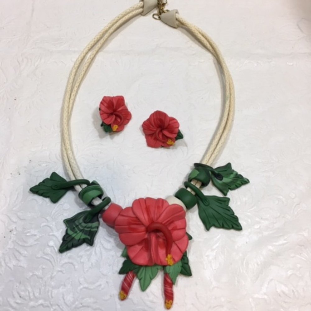 Handmade Floral Clay Double Corded Necklace & Earrings12"